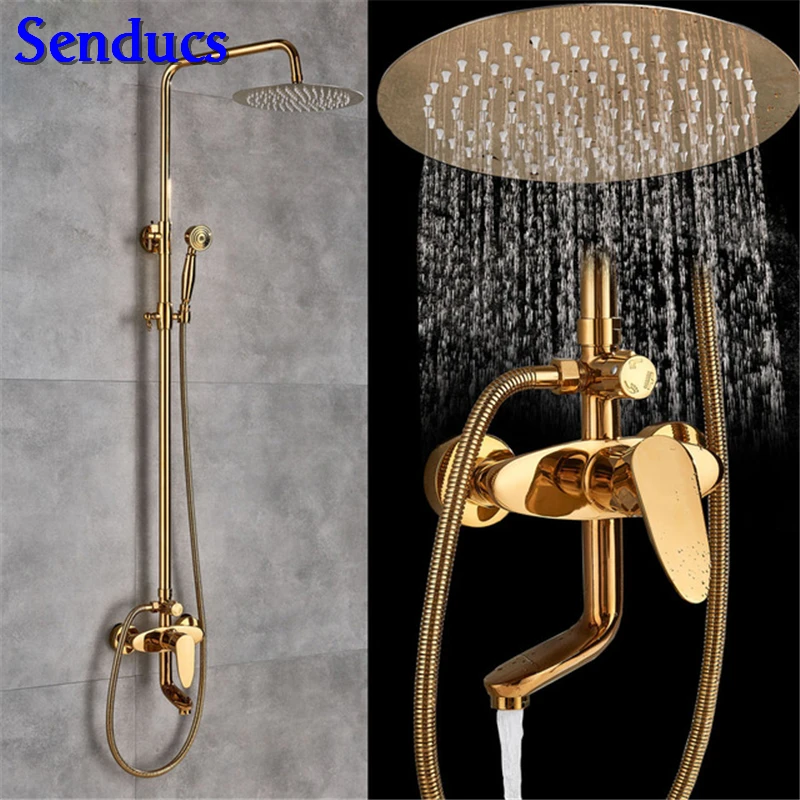 

Senducs Gold Shower Set High Quality Brass Bathroom Shower Faucet 8 Inch Round Top Shower Hot Sale Brass Bathroom Gold Shower