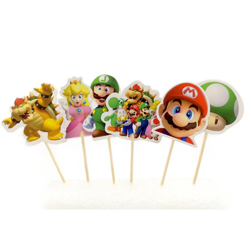 

Happy Birthday Party Super Mario Theme Kids Boys Favors Cupcake Toppers With Sticks Decoration Baby Shower Cake Topper 24PCS
