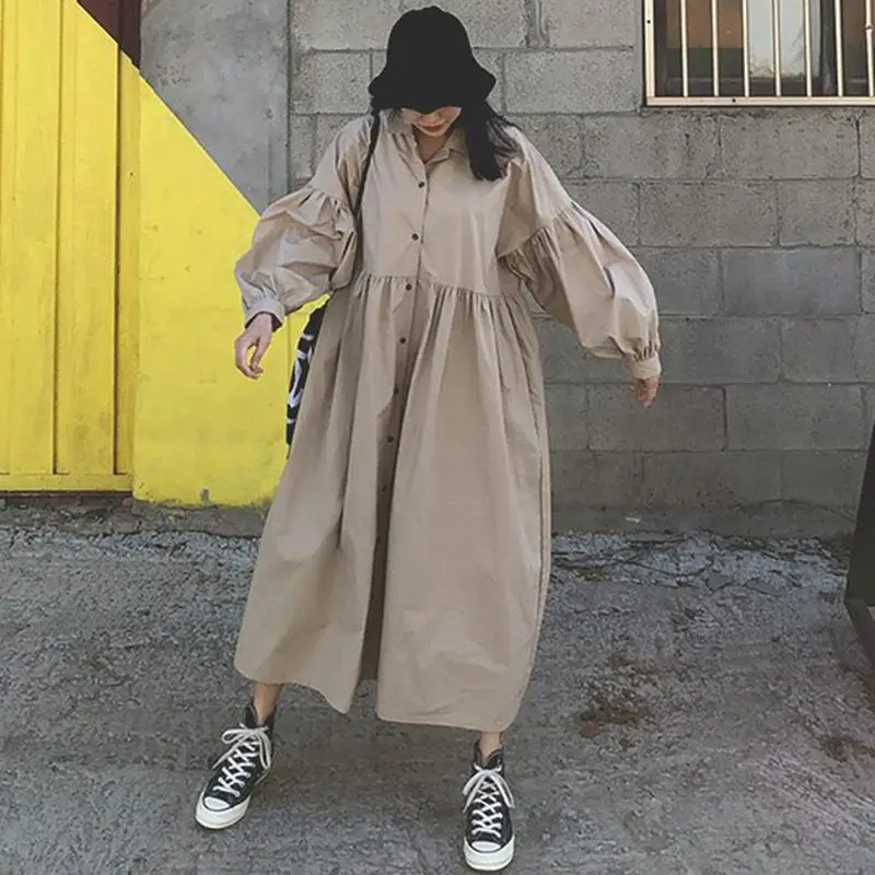 

Z-ZOUX Women Dress Solid Cotton Long Sleeve Summer Dresses Single Breasted Lantern Sleeve Loose Long Dress Plus Size XL 2019 New