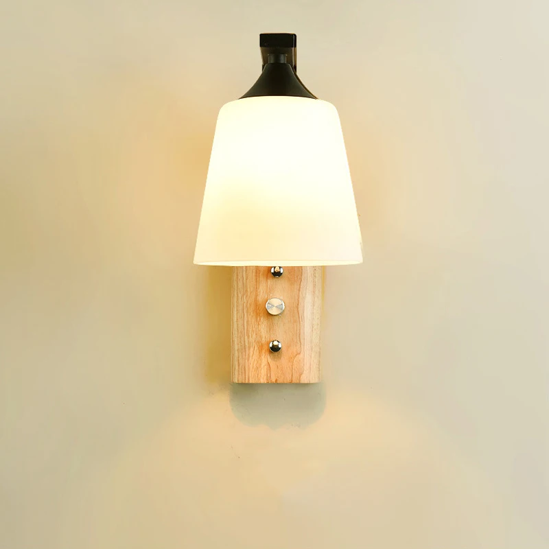 

Nordic wooden staircase aisle E27 wall light creative Japanese Korean solid wood glass wall lamp Korean For bedside bedroom Bar