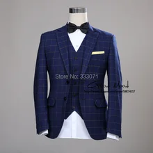 Смокинги для жениха шерсть Синий Ckeck твид индивидуальный заказ мужской костюм блейзеры Ретро портной тонкий подходят свадебные костюмы для мужчин 3 шт