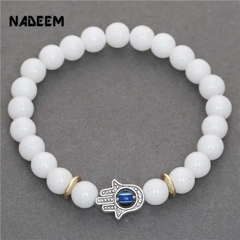

white jade onyx stone handmade gold fatima hamsa charm elastic bead bracelet for woman men RB1705
