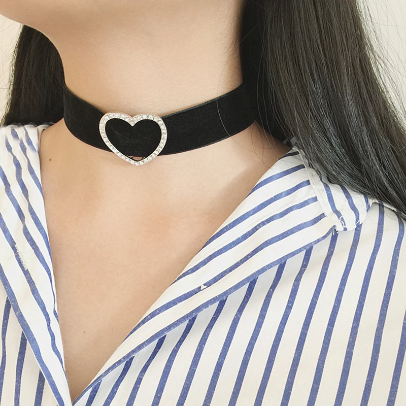 Women Jewelry Black Velvet Chokers Leather Tassel Choker Heart Charms