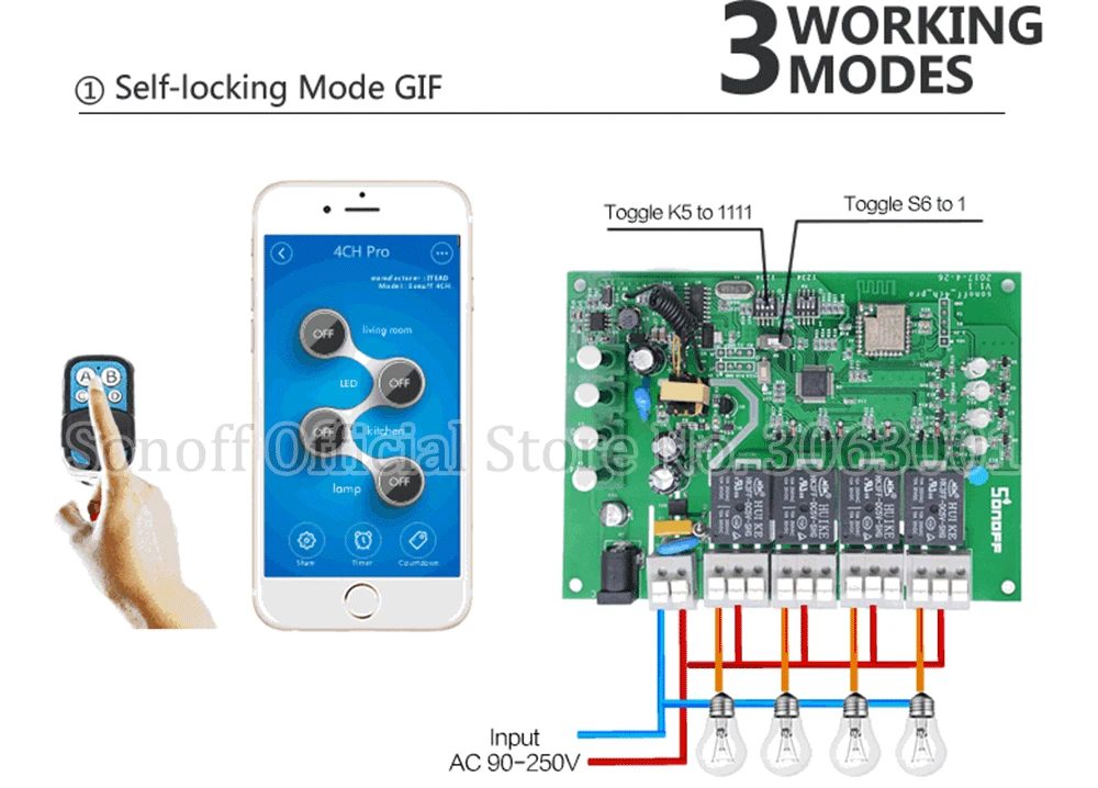 Sonoff 4CH Pro умный дом RF Wifi переключатель света 4 банды 3 рабочих режима Inching Interlock Self-locking Wifi переключатель работы с Alexa