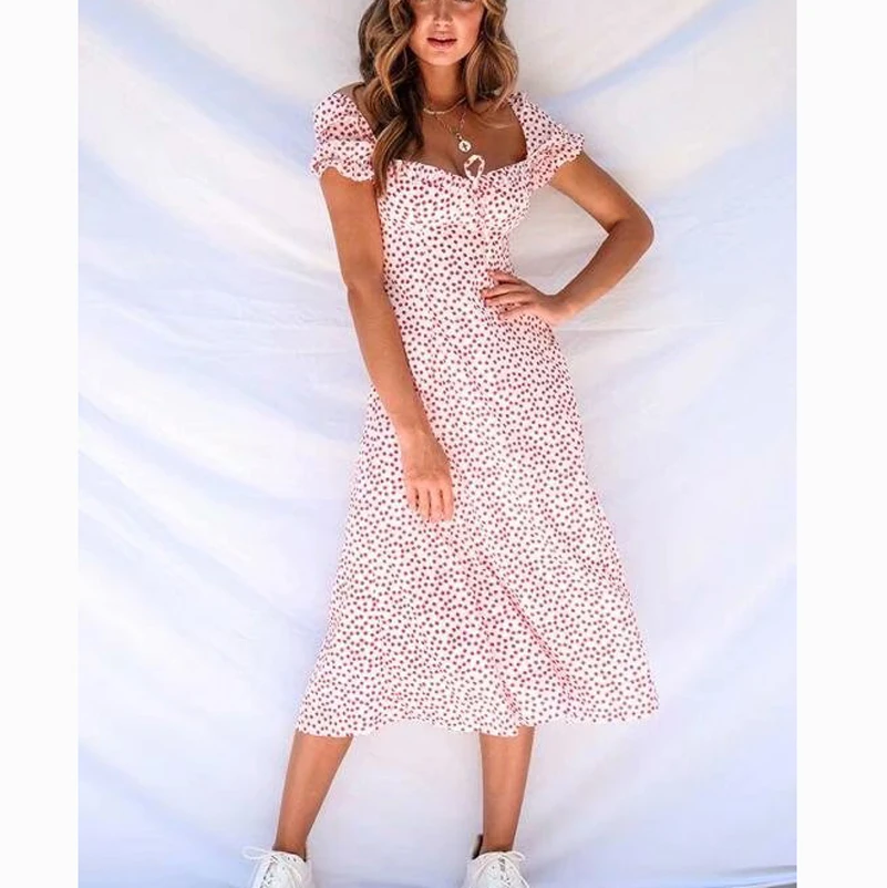 

Vintage Women Summer Square Collar Short Puff Sleeve Mid-calf A-line Dress Red Little Floral Printed Women Split A-line Dress