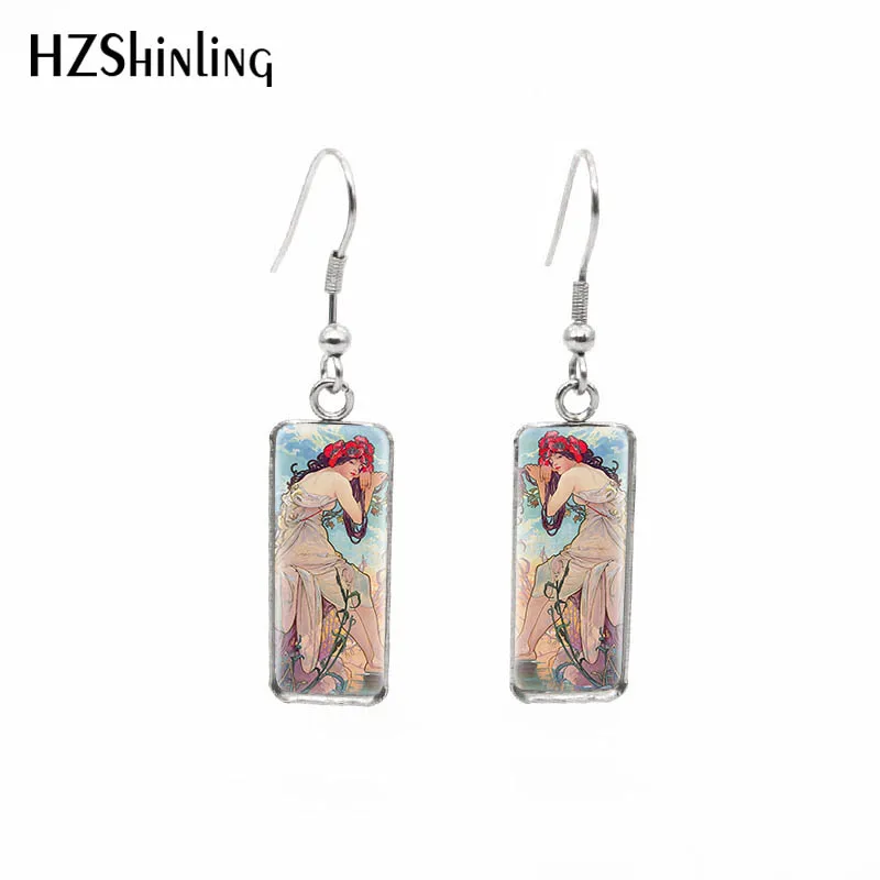 

2019 New Alphonse Mucha Rectangular Earring Four season Spring Summer Autumn Winter Fish Hook Earring Glass Dome Jewelry