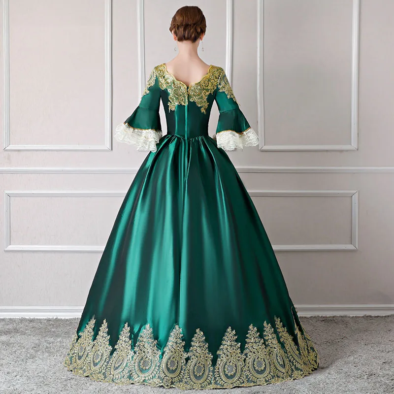 Индивидуальные зимние вечерние зеленые платья в европейском стиле с золотыми аппликациями, вечерние бальные платья Marie Antoinette