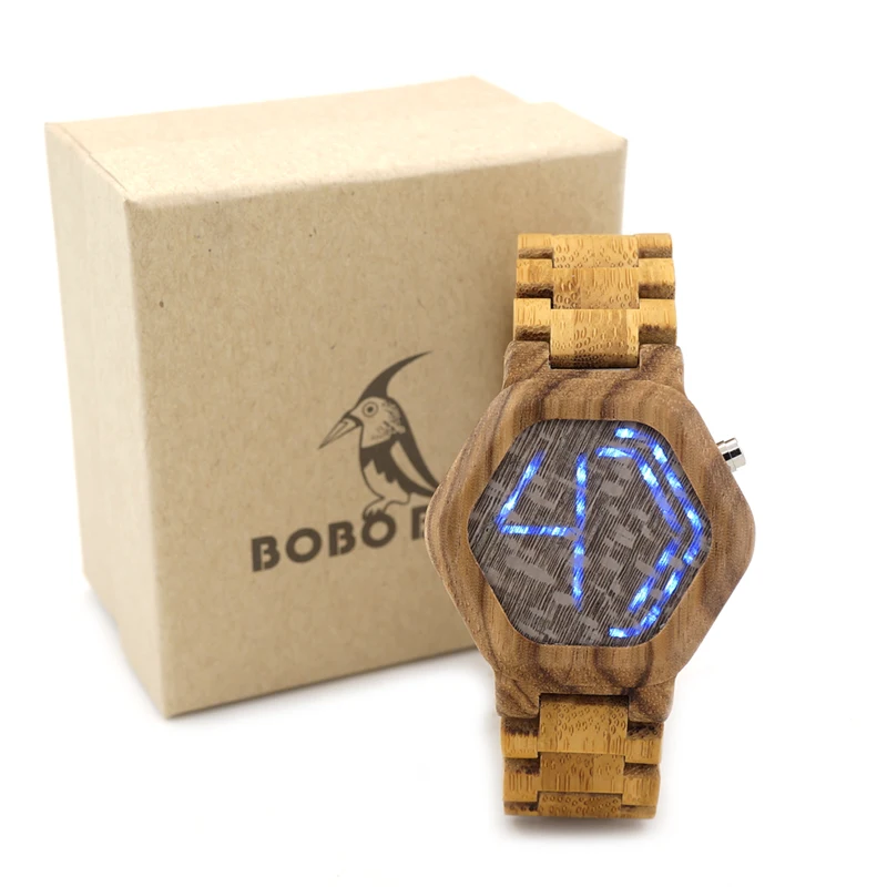 Original BOBO BIRD Wood Digital LED Men Watches Kisai Night Vision Wood Calendar Wristwatch LED Watch