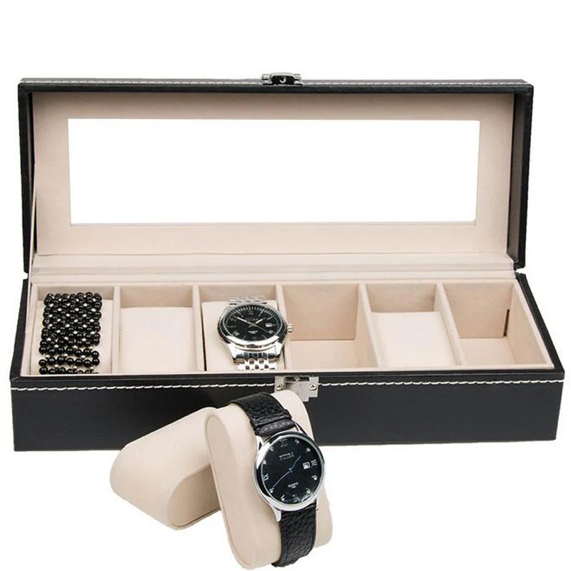 Hot Sale Black 6 Grids PU Leather Fashion Watch Box Display Watches Storage Organizer Box Holder Jewelry Box Bracelet Case