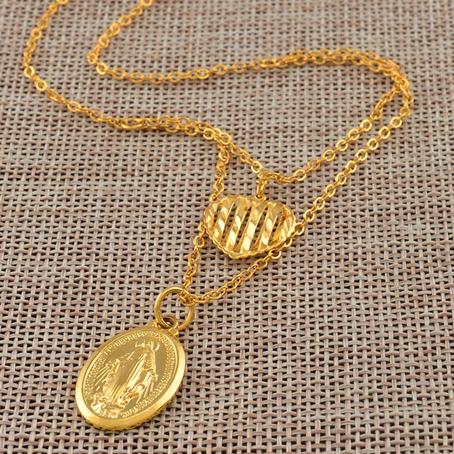 Anniyo/Сердце &amp Дева Мария Подвеска Ожерелье для женщин девушки золотой цвет