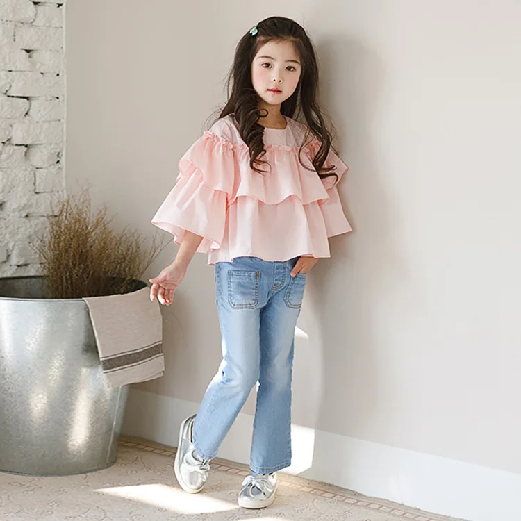 Buy BOHO Girls Blouses Sweet Kids Spring Tops Solid Ruffles Blouses Flare