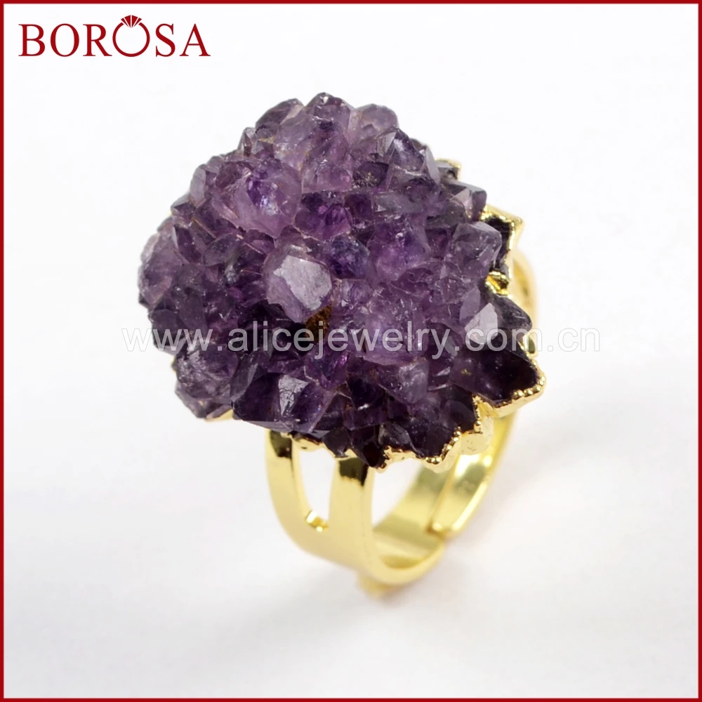 

BOROSA 5PCS Freedom Raw Amethysts Gold Adjustable Rings,Size 6.5 Natural Crystal Druzy Ring Jewelry for Women Girls WX1019
