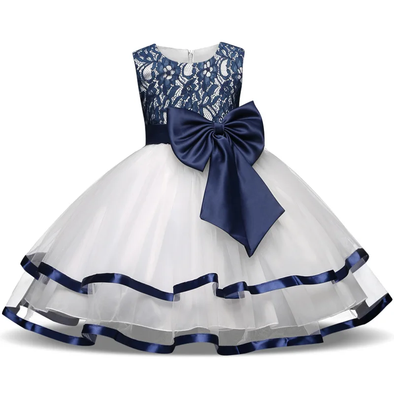 Свадебные платья для девочек возрастом от 4 до 10 лет, наряды Детские платья для девочек-подростков, вечерние кружевные платья с бантом для маленьких девочек, Vestidos, летние платья - Цвет: Синий