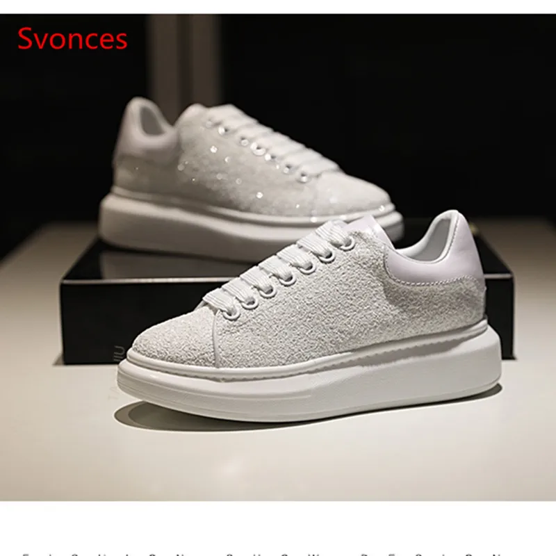 

Thick Heel Pure White Platform Women's Shoes Genuine Leather Glitter Bling Casual Shoes Woman Lace Up Female Sneakers Pink Gold