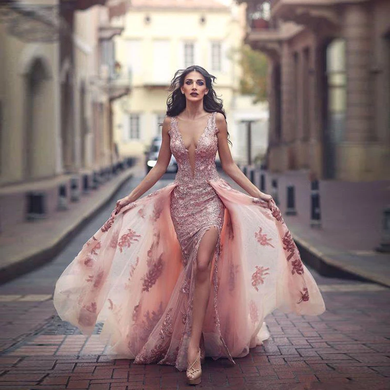 

2018 New Arabic Mermaid Evening Gowns with Detachable Train Sexy Split Sheer Scoop Neck Tulle Evening Gown Formal Party Dress