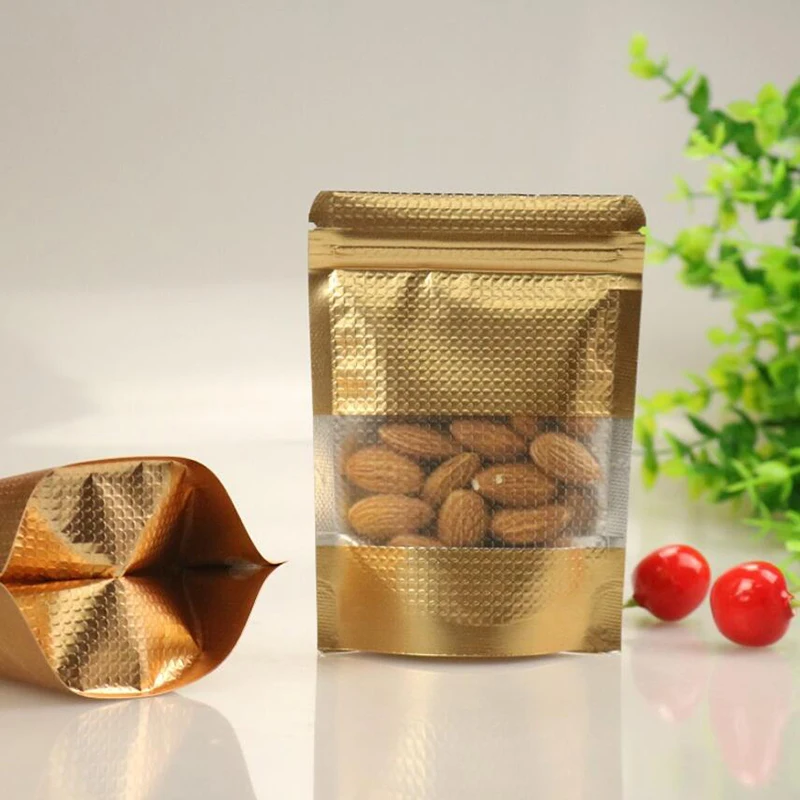 100Pcs Stand up Copper Gold Aluminum Foil Zip Lock Bag with Window, Metallic Plastic Packaging Pouch for Food Tea Candy Cookie