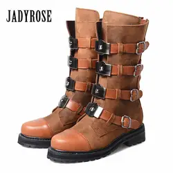 Jady Роза в стиле панк Для женщин Vinatge Сапоги для верховой езды толстый каблук ремни Молния сзади мотоботы женские ботинки на платформе в