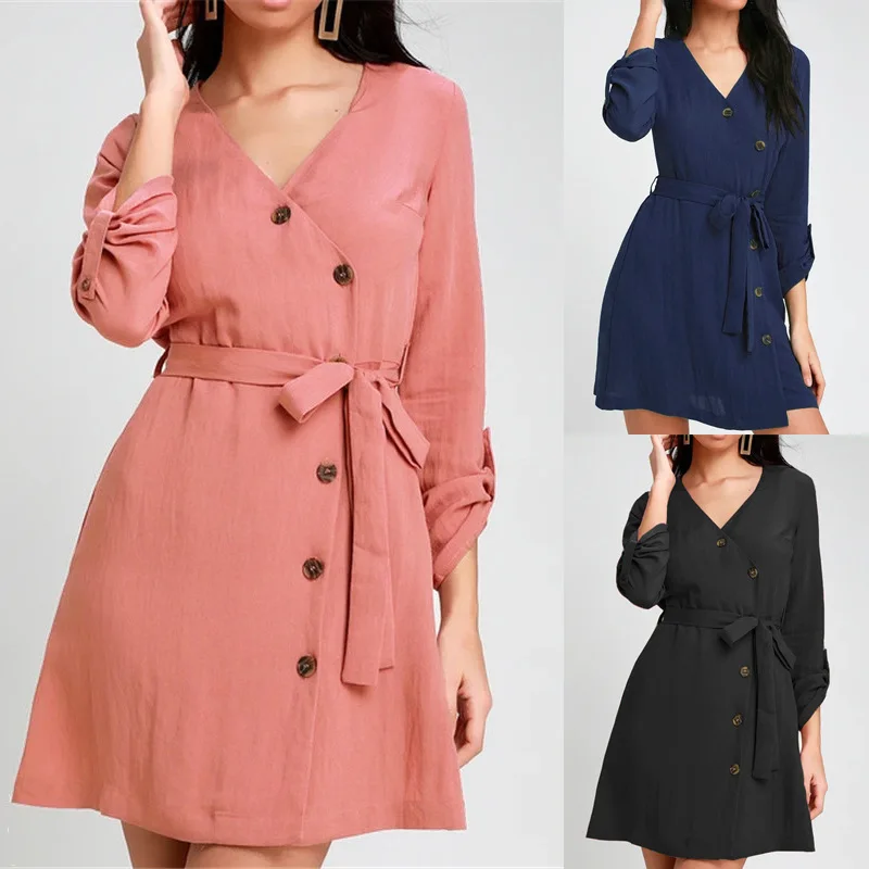 

Oufisun 2019 Smmer Solid Patchwork Chiffon Dress Casual V-neck Sashes Mini Dress Womens Elegant Button Full Sleeve Party Dresses