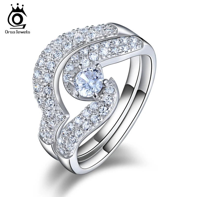 ORSA JEWELS Women Luxury Ring Silver Color Ring AAA Quality Cubic Zircon Perfect Polish Promise Gift For Women Jewelry AOR49