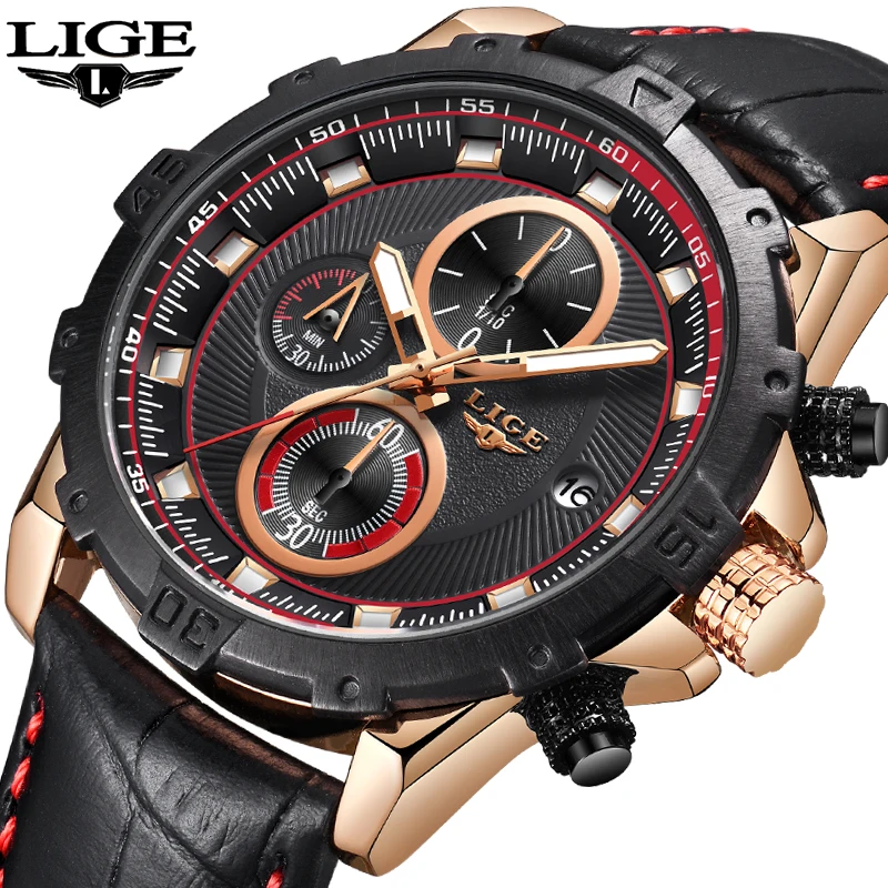 

LIGE Men Watches Top Brand Luxury Leather Casual Quartz Watch Men Army Military Sport Quartz-watch Gold Watch Relogio Masculino