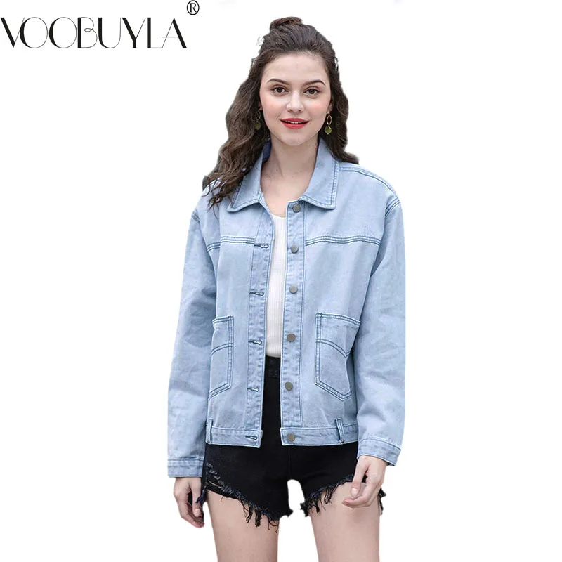 

Voobuyla 2019 Spring Boyfriend Bleached Long Sleeves Denim Jacket Women Basical Single Breasted Jacket Casual Loose Coat Female