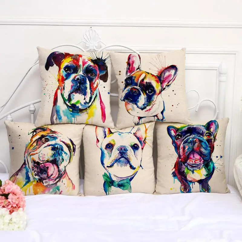 Factory Direct Supply French Bulldog Painting Series Cotton Linen Throw Pillow Home Room Decor Bedside Back Cushion | Дом и сад