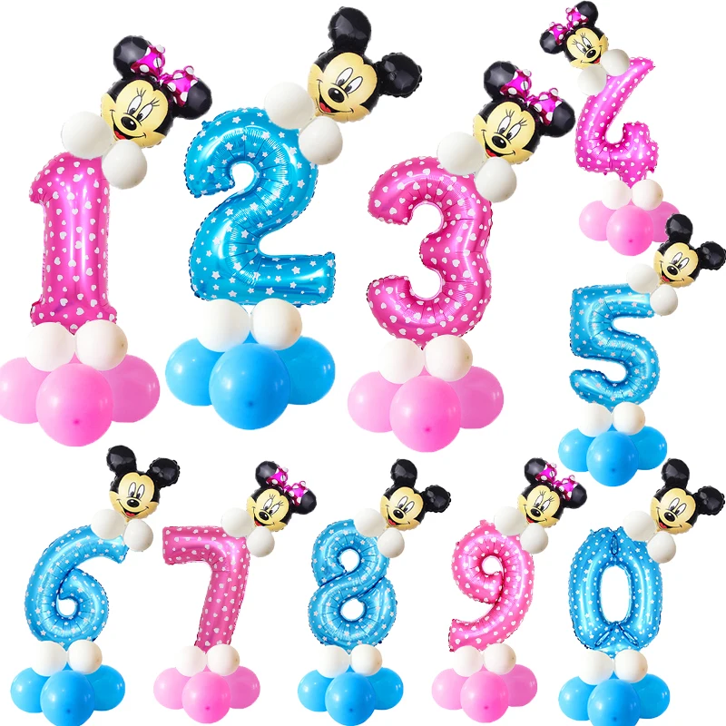 

1set Pink Blue Birthday 30inch Digital Balloons With Mickey Minnie Foil Balloon Pillars Children Birthday Party decoration sup
