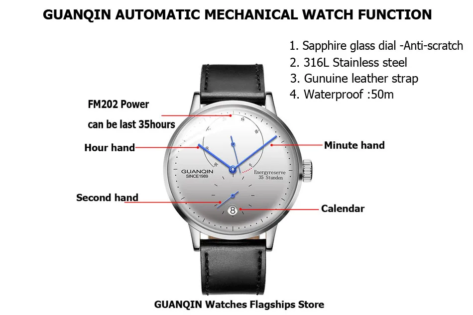 GUANQIN мужские часы автоматические механические энергетические резервы 35 красивые часы повседневные Модные сапфировые водонепроницаемые мужские наручные часы
