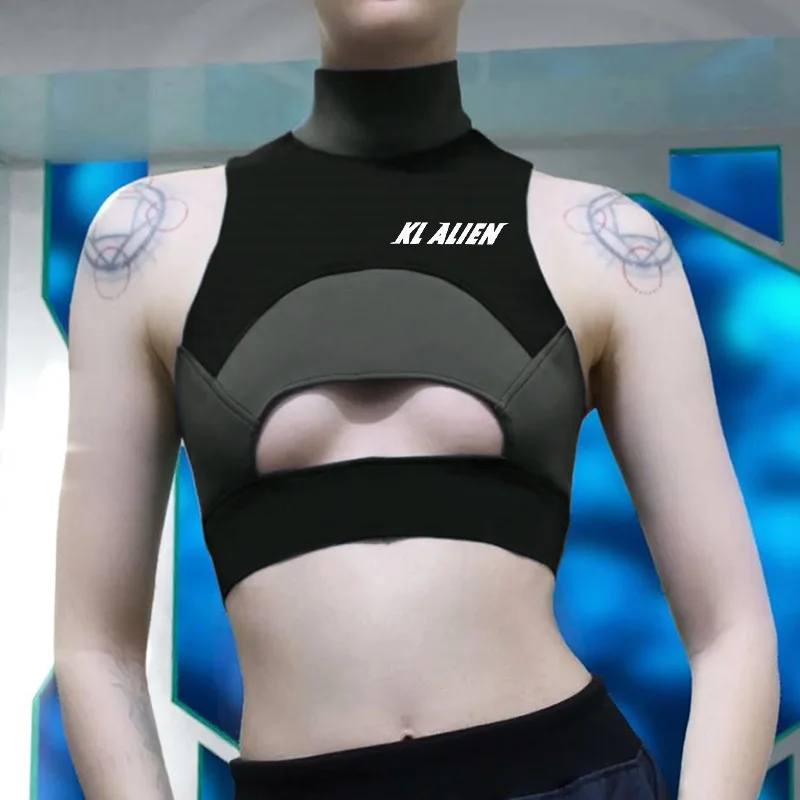 

New Black Sleeveless Turtleneck Patchwork Print Letter Crop Top Summer Street wear Hollow Out Sexy Tank Top Women Short Tshirt