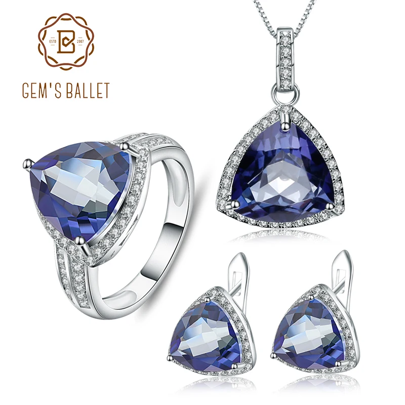 

GEM'S BALLET Classic Iolite Blue Mystic Quartz Gemstone Jewelry Sets 925 Sterling Silver Earrings Pendant Ring Set For Women