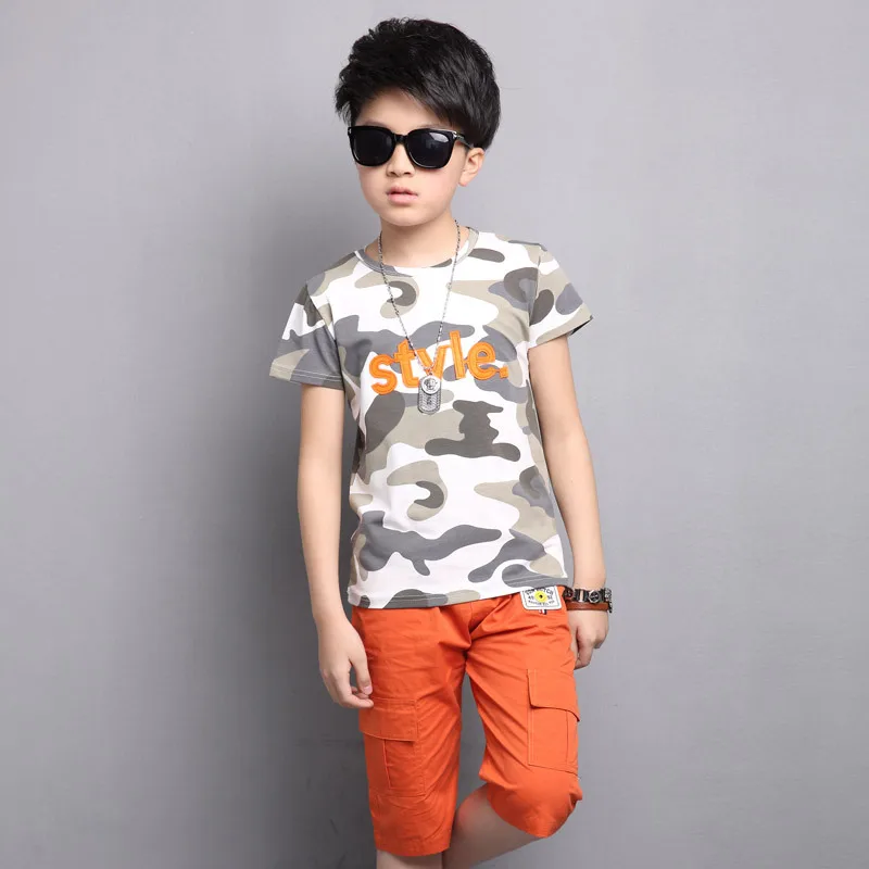 ФОТО Summer Children Boy Sets Kids 2pcs Short Sleeves T-Shirt Toddler Suits Camouflage Shorts Child Clothing Suits
