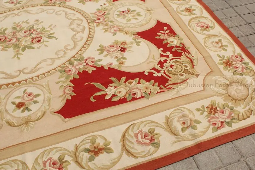 5x8 RED PINK IVORY Aubusson Area Rug SHABBY FRENCH CHIC Cream Wool