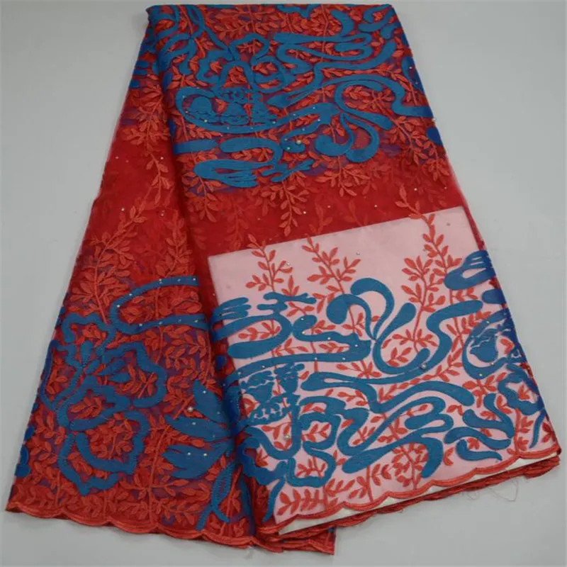 

2018 Hot selling beautiful tulle lace fabric embroidered with beads french lace fabric lace red blue lace fabric