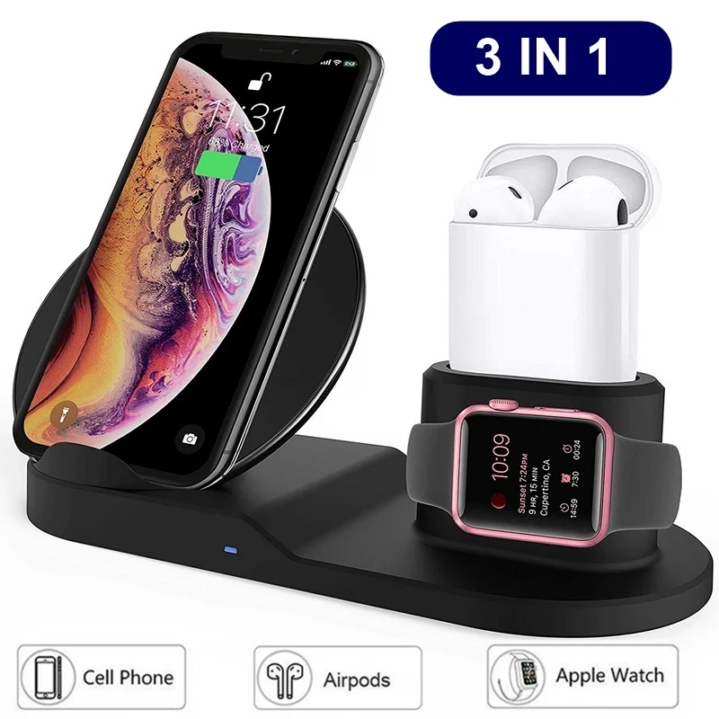 

10W Qi Wireless Charger For Iphone X XR XS MAX 8 Plus Fast Charger For Samsung Apple AirPods Watch 4/3/2 Charging Dock Station