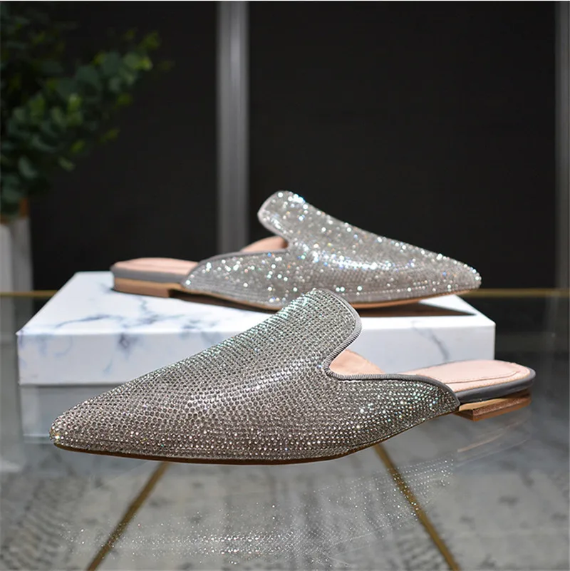 Fix Flache Hot Mode Rutschen Sexy Flach Slingback Frauen Outwear Hausschuhe Silber Silver Maultiere Strass Spitz gwUnxBaf