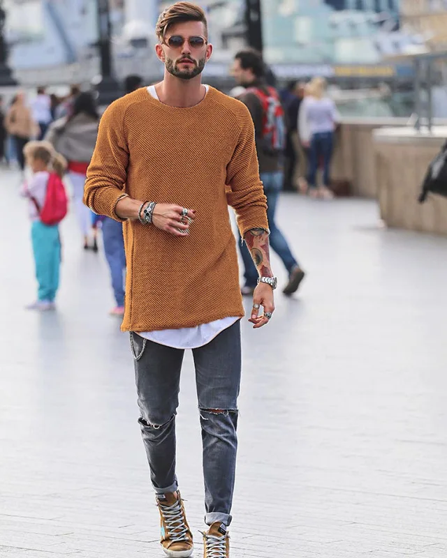 E-BAIHUI в стиле хип-хоп уличные свитера Для мужчин, модные, с длинным рукавом; брендовые Топы Для мужчин вырез лодочкой на весну с длинным рукавом безразмерная Мужской Свободные свитеры L353