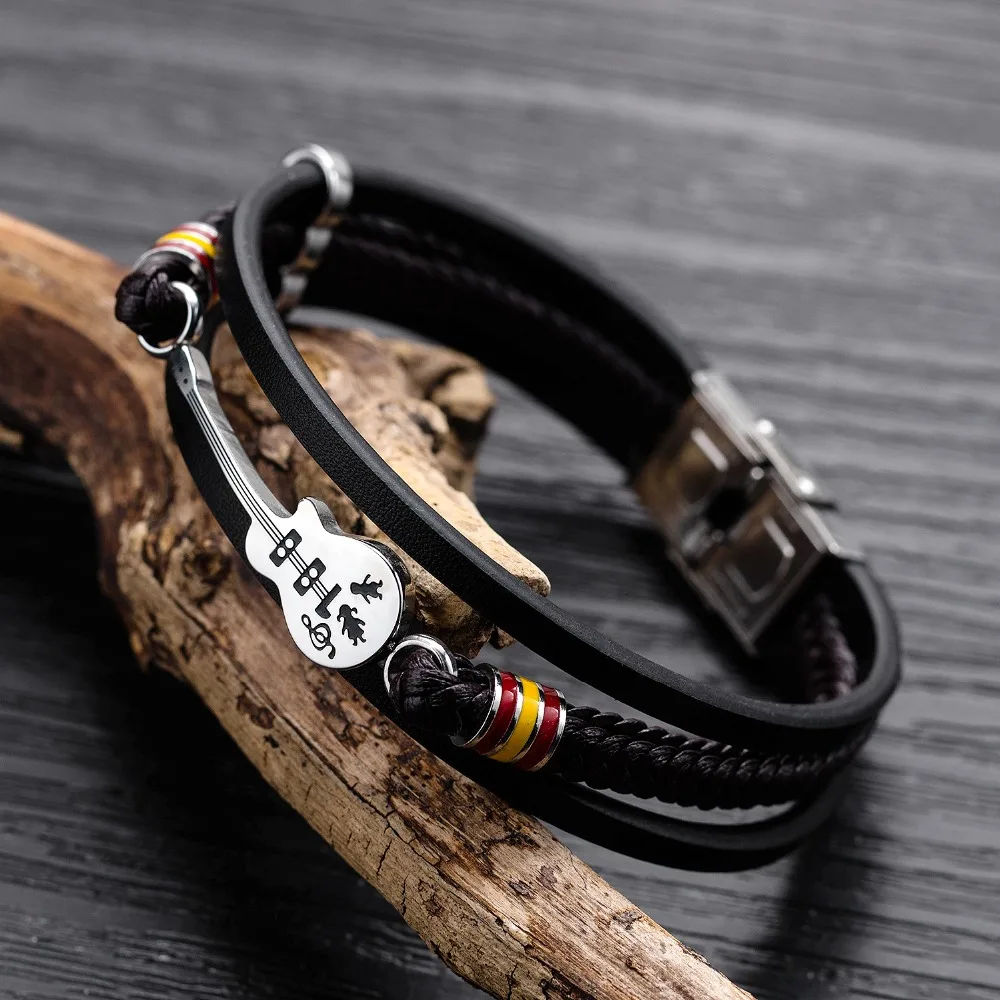 Seanuo Unique Guitar PU Leather Man Wrap Bracelets Fashion Punk Stainless Steel Watch Shape Male Charm Rope Cuff Bangles