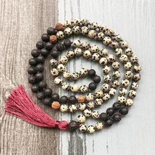 Lava Stone Rudraksha бусы мала Neacklace 108 молитвенные бусы Mala ювелирные изделия Далматин J-asper завязанные кисточкой ожерелье Йога подарок