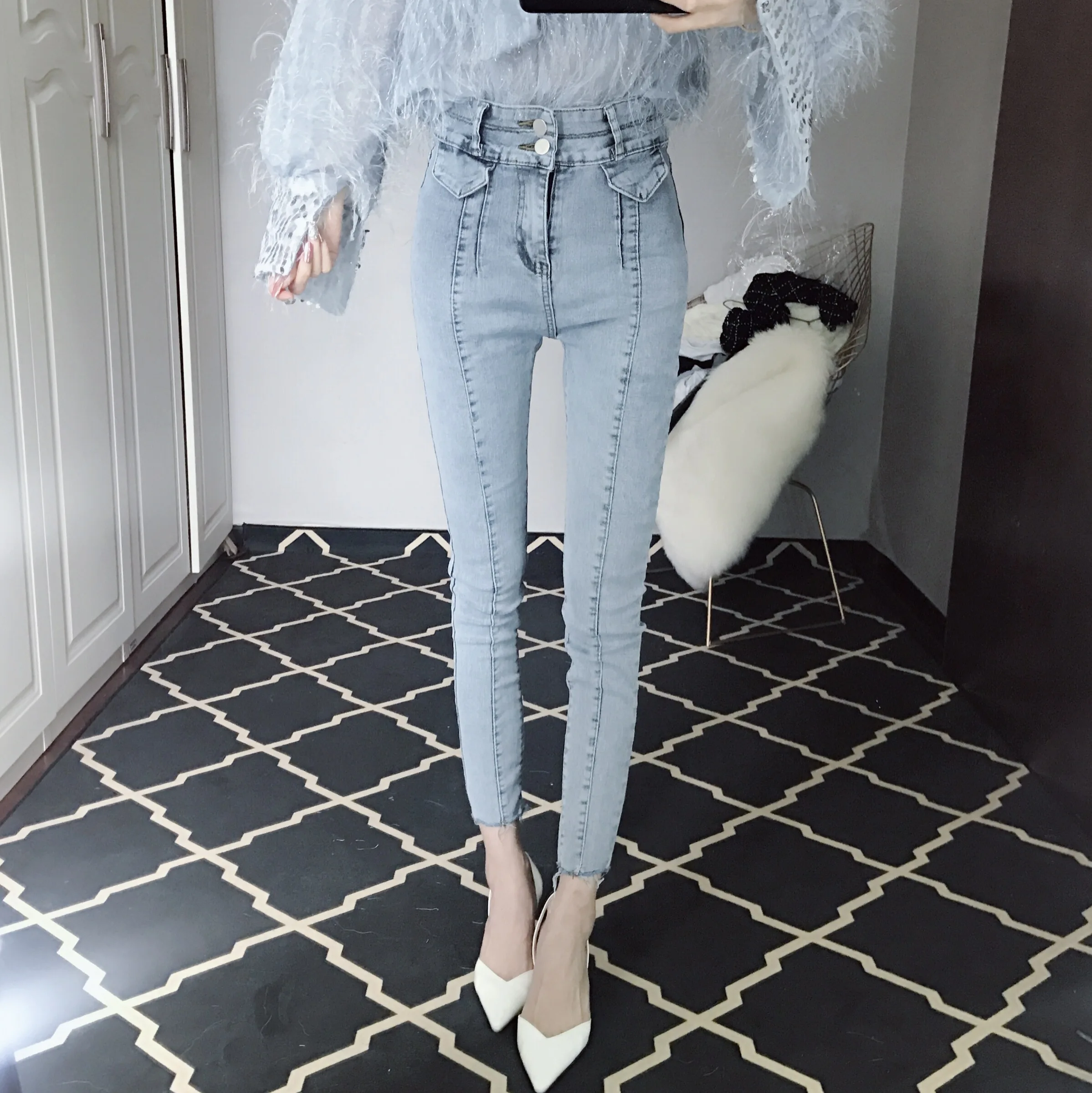 

High Waist Pencil Pants Ankle Length Jeans Woman Spliced Washed Pockets Button Bleached Zippers Softener Office Lady Skinny