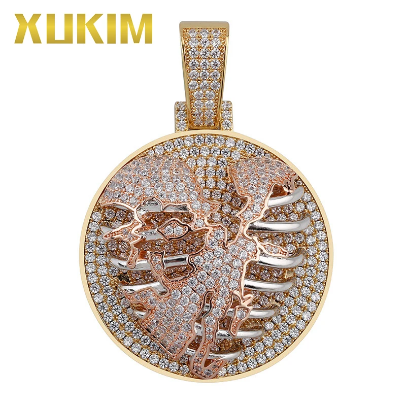 

Xukim Jewelry Rose Gold Hollow Solid Skeleton Heart Medallion Pendant Necklace Iced Out Rapper Rock Hip Hop Jewelry Gift