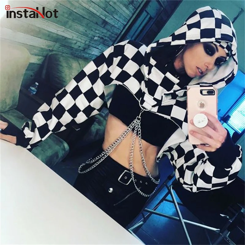 InstaHot плед шахматная доска цепи рок толстовки для женщин осень 2018 г. с капюшоном тонкий длинным рукавом укороченный Топы корректирующие хип