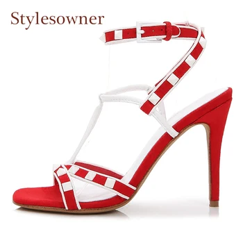 

New Rivet Stud Narrow Band Women Gladiator Sandals Ankle Strap buckle Open Toe Sexy Lady Stiletto Heel Fashionable Shoes Summer