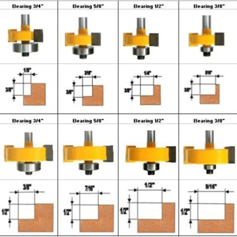 2 pc 1/4 Shank 1/2, 3/8 Rabbeting & Slotting Router Bit w/2pc Bearings Set  woodworking cutter woodworking bits