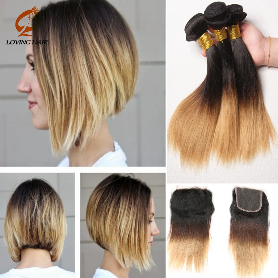 

8A Malaysia Beauty Forever Hair Style Short Bob Vip Beauty Style With Closure 4X4 2 Tone 3Bundles Hair With Closure Obmre Blonde