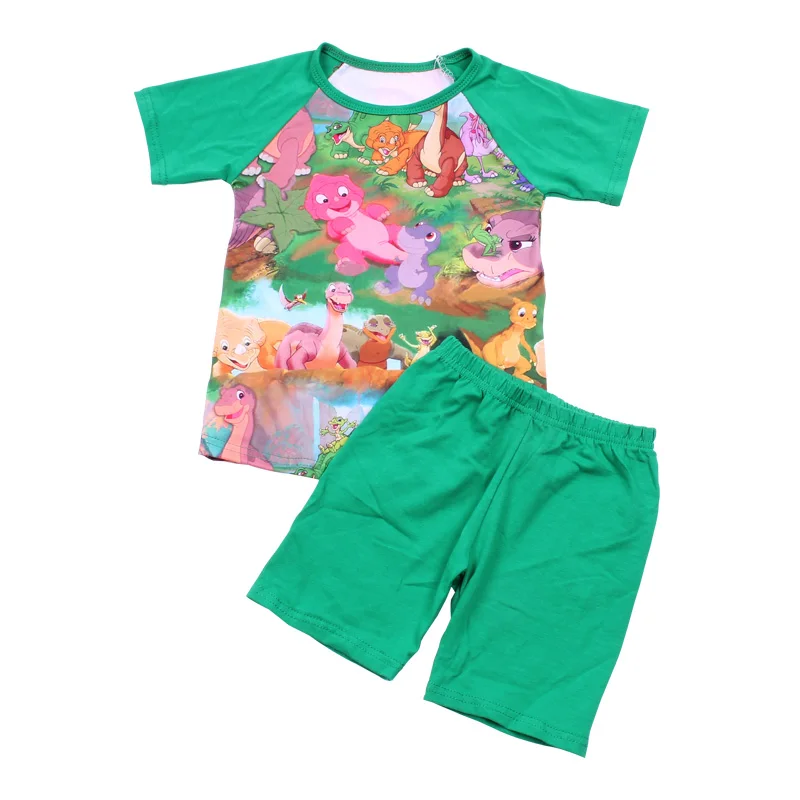 Комплект одежды для отдыха для мальчиков, синяя Футболка с рукавами реглан для мальчиков, комплекты одежды с принтом динозавров, комплект детской одежды с шортами