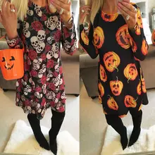 Vestido Fashion Halloween Pumpkin Skull Print Dresses Women Casual Party Dress Plus Size Lady Autumn Long Sleeve Dress