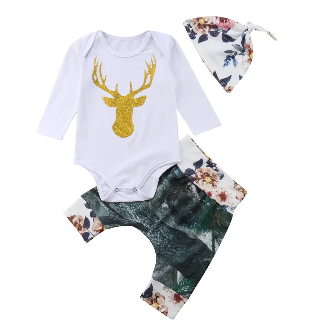 IMCUTE Newborn Baby Outfit Set 3PCS White Deer Romper Green Pants Clothes with Hat for Boys |