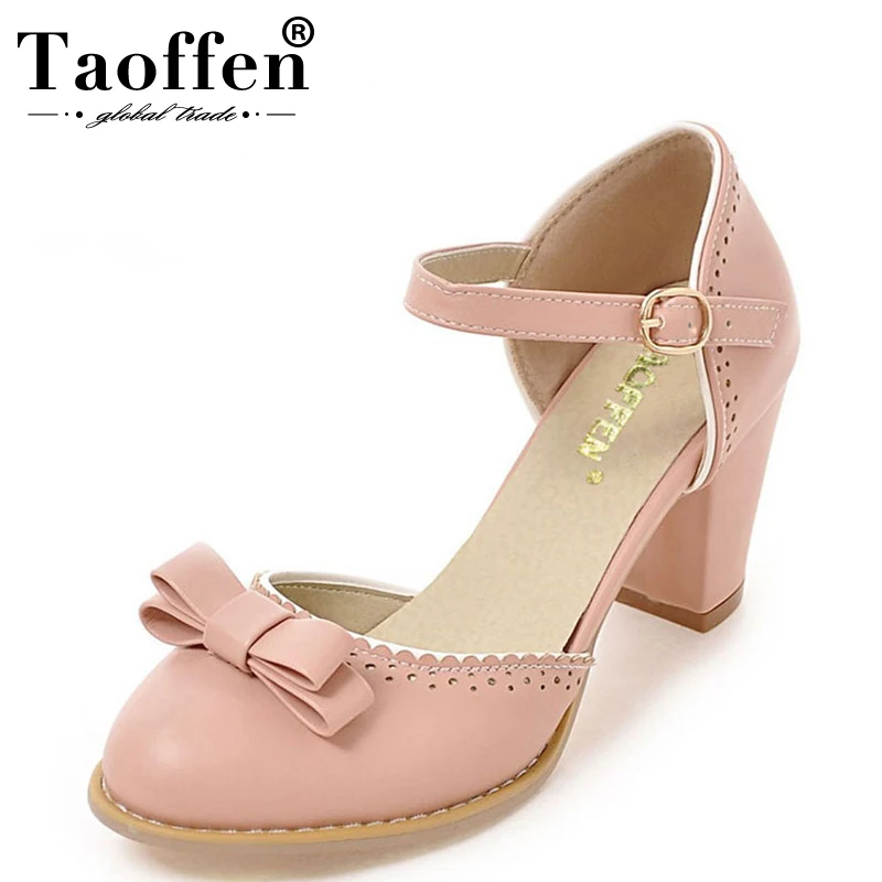 preço Tamanho 32 43 TAOFFEN Mulheres de Salto Alto Sandálias de Lazer Sapatos de Salto da Bracelete Chunky Mulheres Bowtie Verão Sandálias Partido calçado