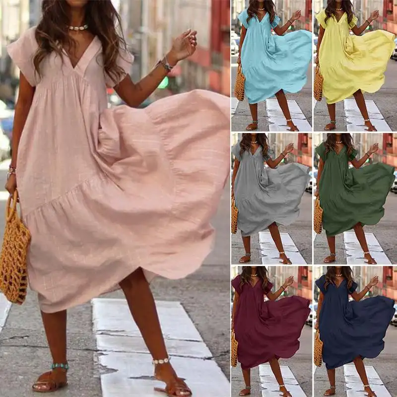 Fashion Tunic Midi Dress Women's Summer Sundress ZANZEA Sexy V Neck Asymmetrical Vestidos Female Plus Size Ruffle Robe