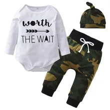 Комплект одежды из 3 предметов для маленьких мальчиков и девочек, одежда для новорожденных комбинезон с длинными рукавами+ камуфляжные штаны цвета хаки+ шапка